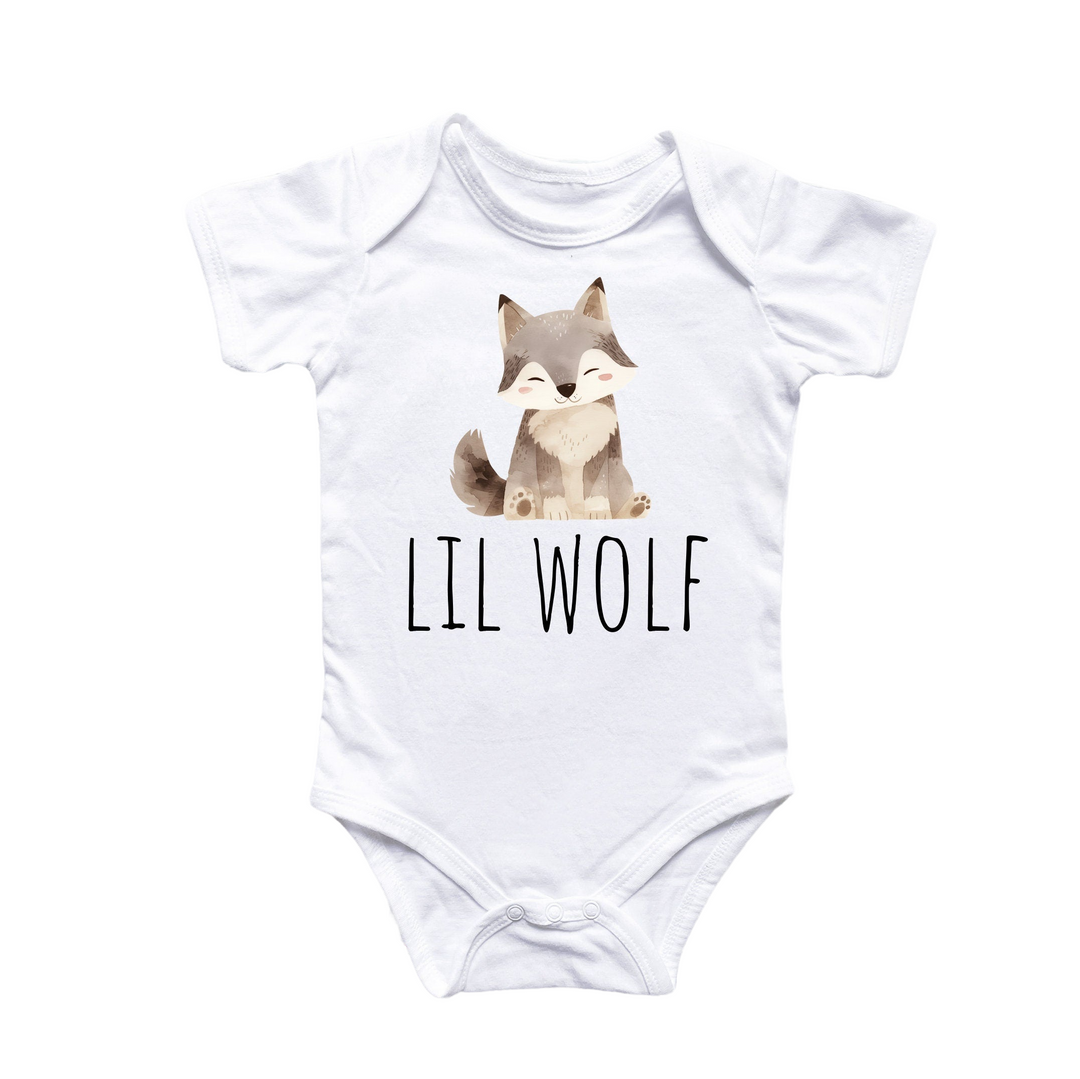 a baby bodysuit with a picture of a wolf on it