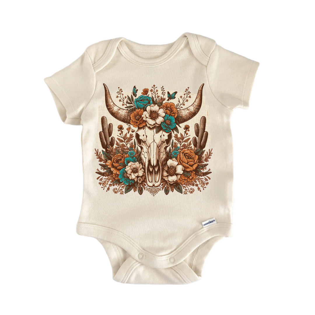 Western Desert Cow Skull Cactus - Baby Bodysuit  Funny Cute Onesie® | North Fork Forager LLC