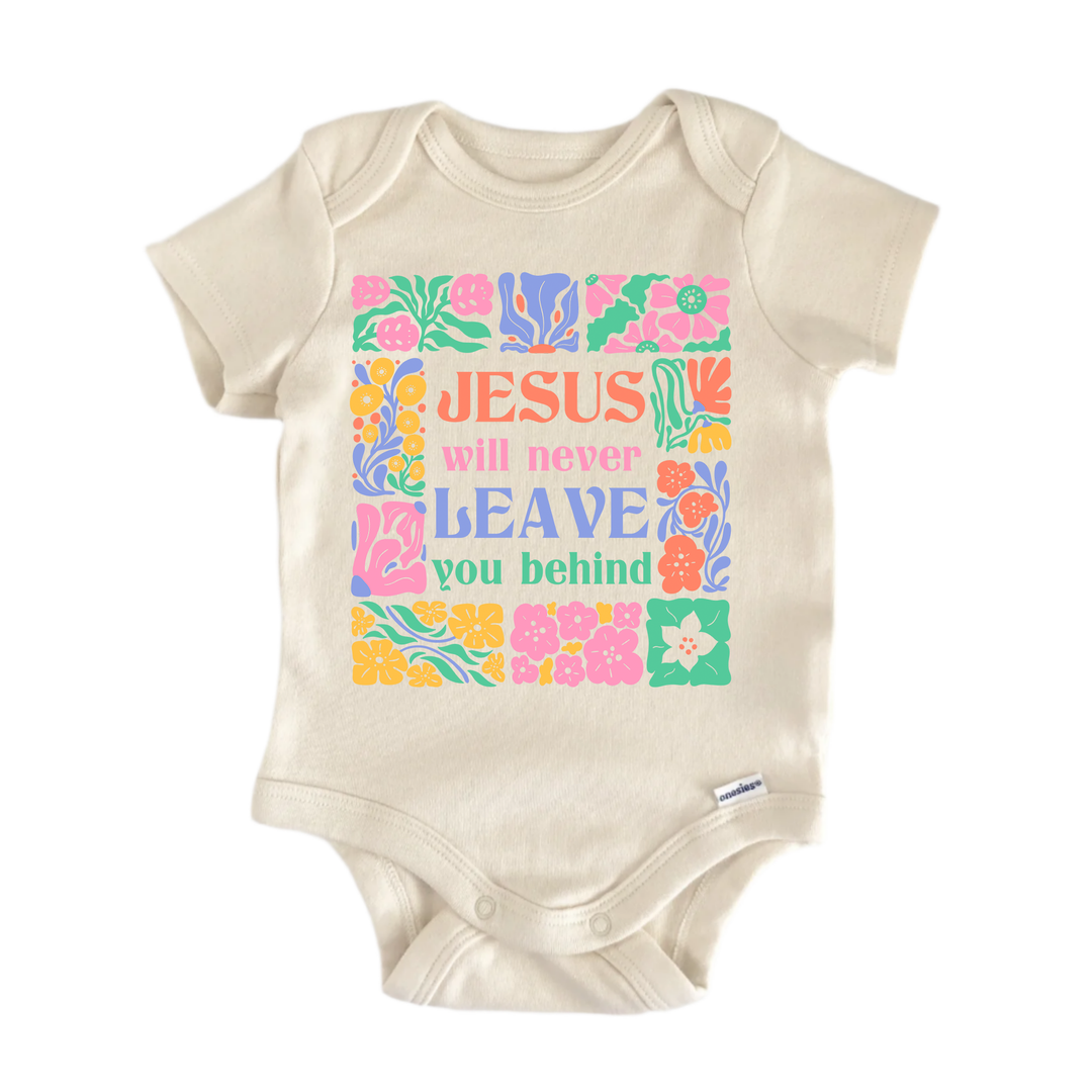 Will Never Behind  Jesus Christian Religious God -  Baby Boy Girl Clothes  Bodysuit  Funny Cute Onesie® | North Fork Forager LLC