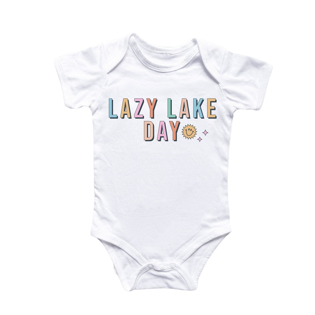 a white bodysuit that says lazy lake day
