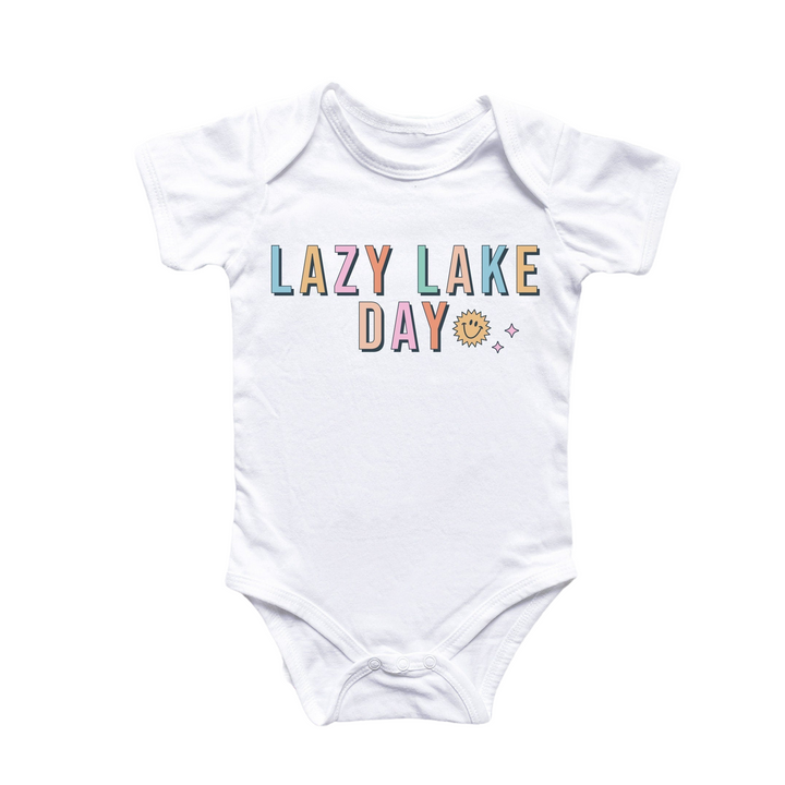 a white bodysuit that says lazy lake day