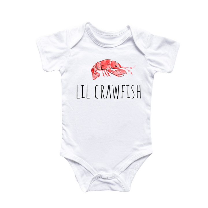 a white bodysuit with a red lobster on it