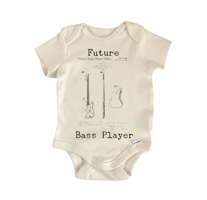 a baby onesie with a graphic design of two guitars and the text "Future Bass Player".