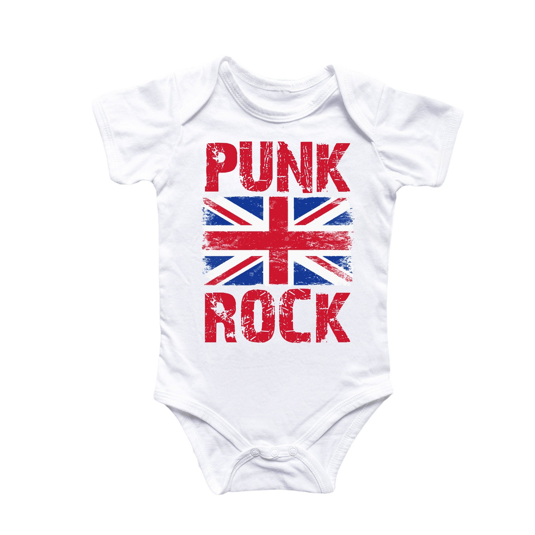 a white bodysuit with the words punk rock printed on it