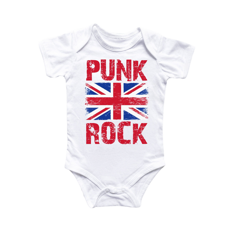a white bodysuit with the words punk rock printed on it