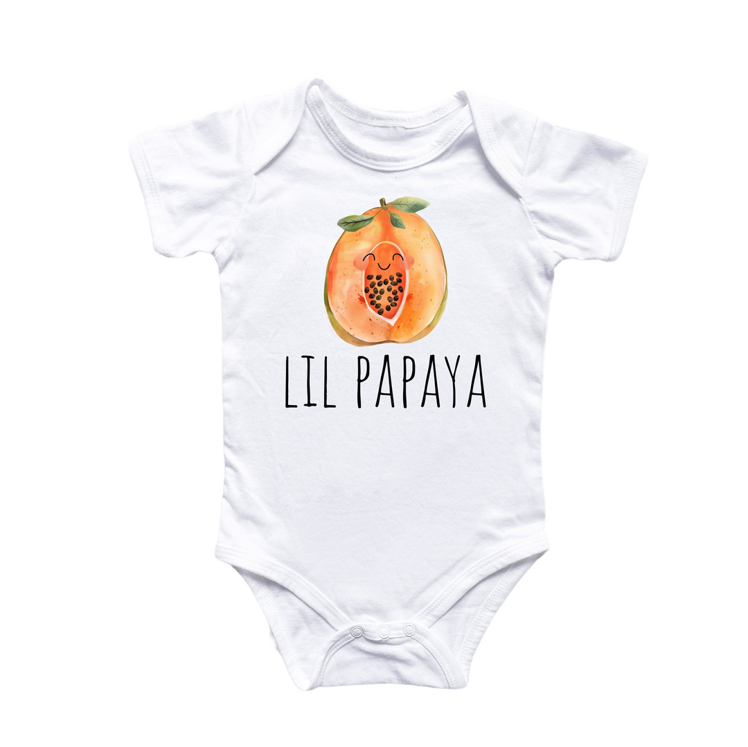 a white bodysuit with a picture of a peach on it