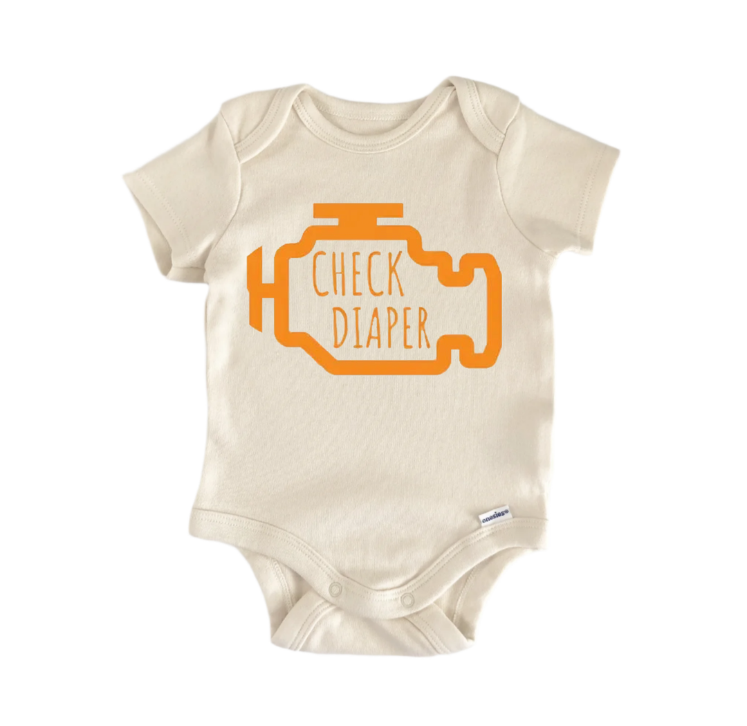 A beige baby onesie with an orange graphic design on it, which appears to be a car engine with the text "CHECK DIAPER" printed on it.