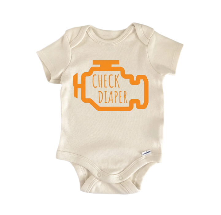 A beige baby onesie with an orange graphic design on it, which appears to be a car engine with the text "CHECK DIAPER" printed on it.