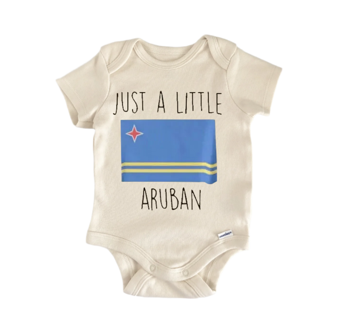 A baby onesie with a printed design of the Aruban flag and the text "Just a little Aruba" printed on it.