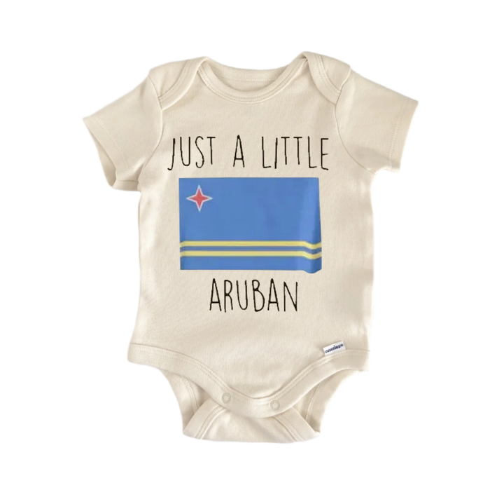 A baby onesie with a printed design of the Aruban flag and the text "Just a little Aruba" printed on it.