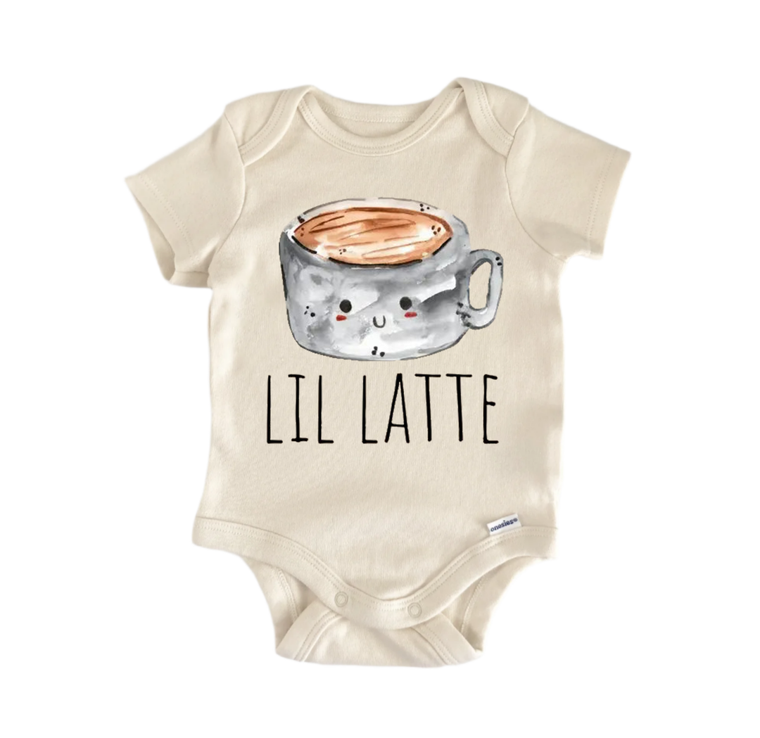 A beige baby onesie with a cartoon image of a cup of coffee and the text "LIL LATTE" printed on it.