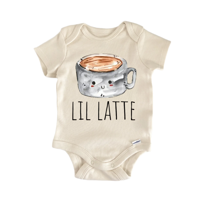 A beige baby onesie with a cartoon image of a cup of coffee and the text "LIL LATTE" printed on it.