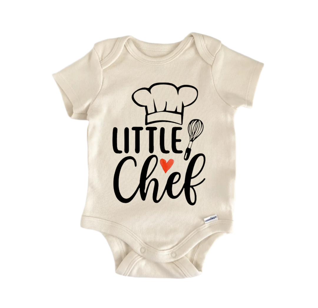 A beige baby onesie with a graphic design featuring a chef's hat and the text "Little Chef" printed on it.