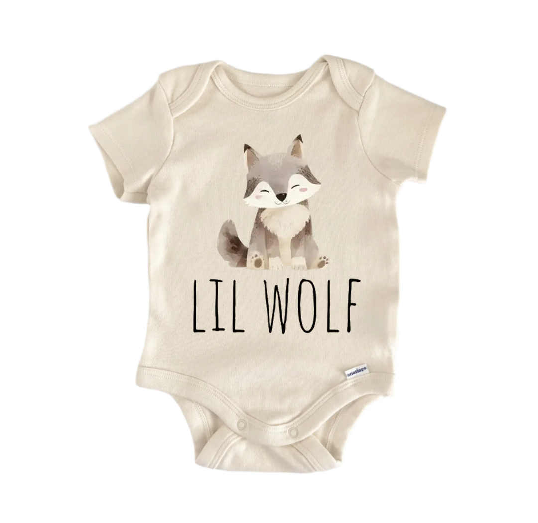 A beige baby onesie with a gray wolf graphic and the text "LIL WOLF" printed on it.