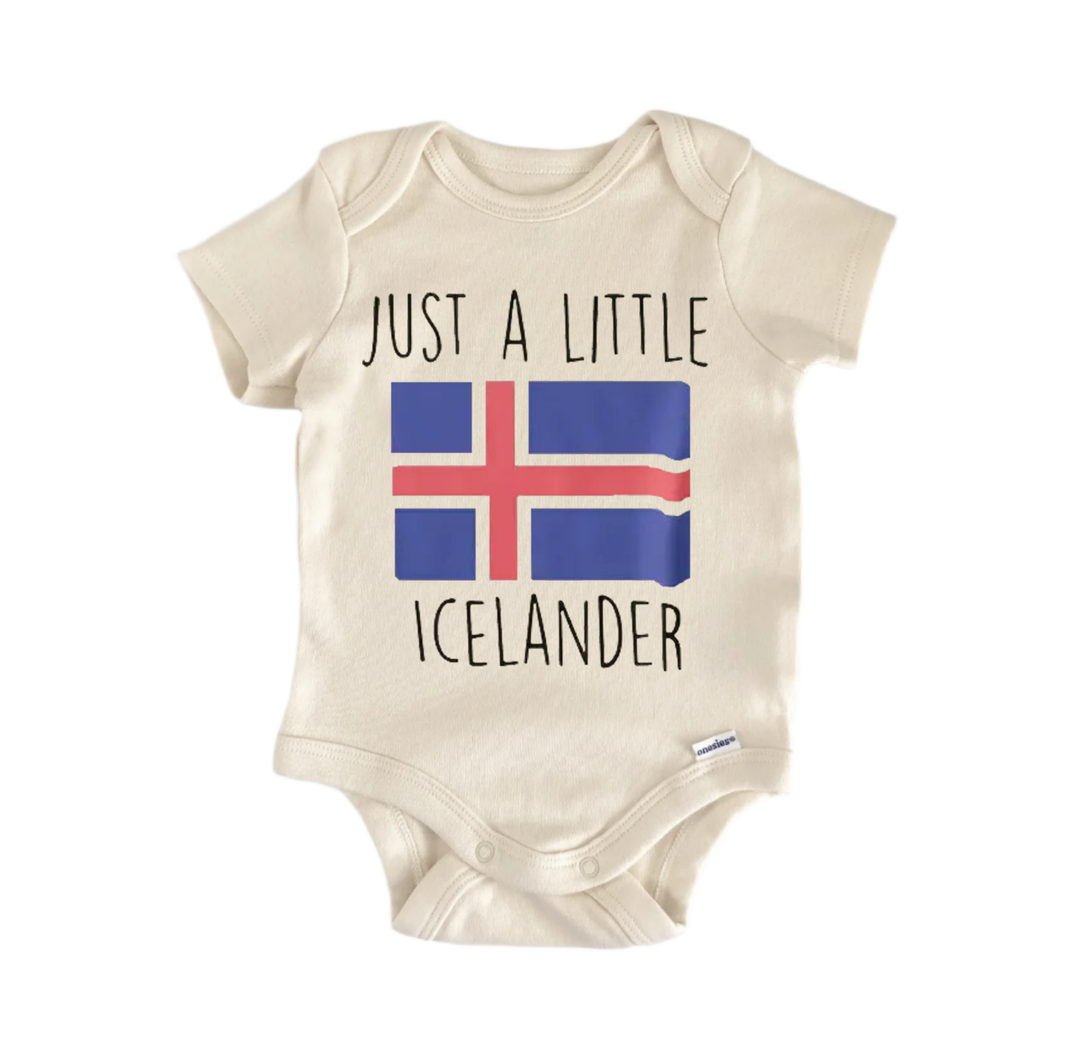 A beige baby onesie with the text "JUST A LITTLE ICELANDER" printed on it, along with a small flag design.