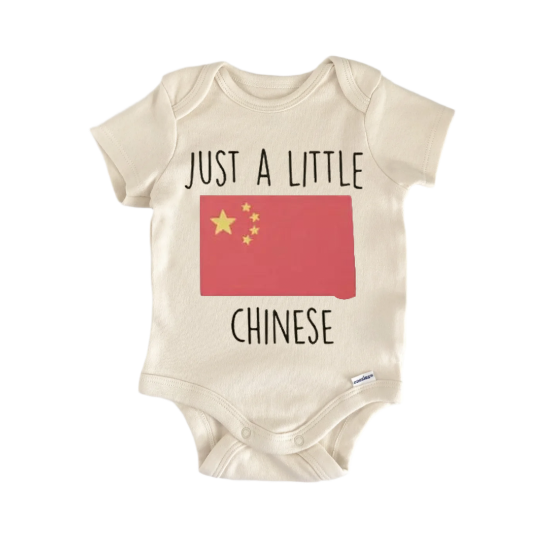A baby onesie with a red and yellow Chinese flag design and the text "Just a little Chinese" printed on it.