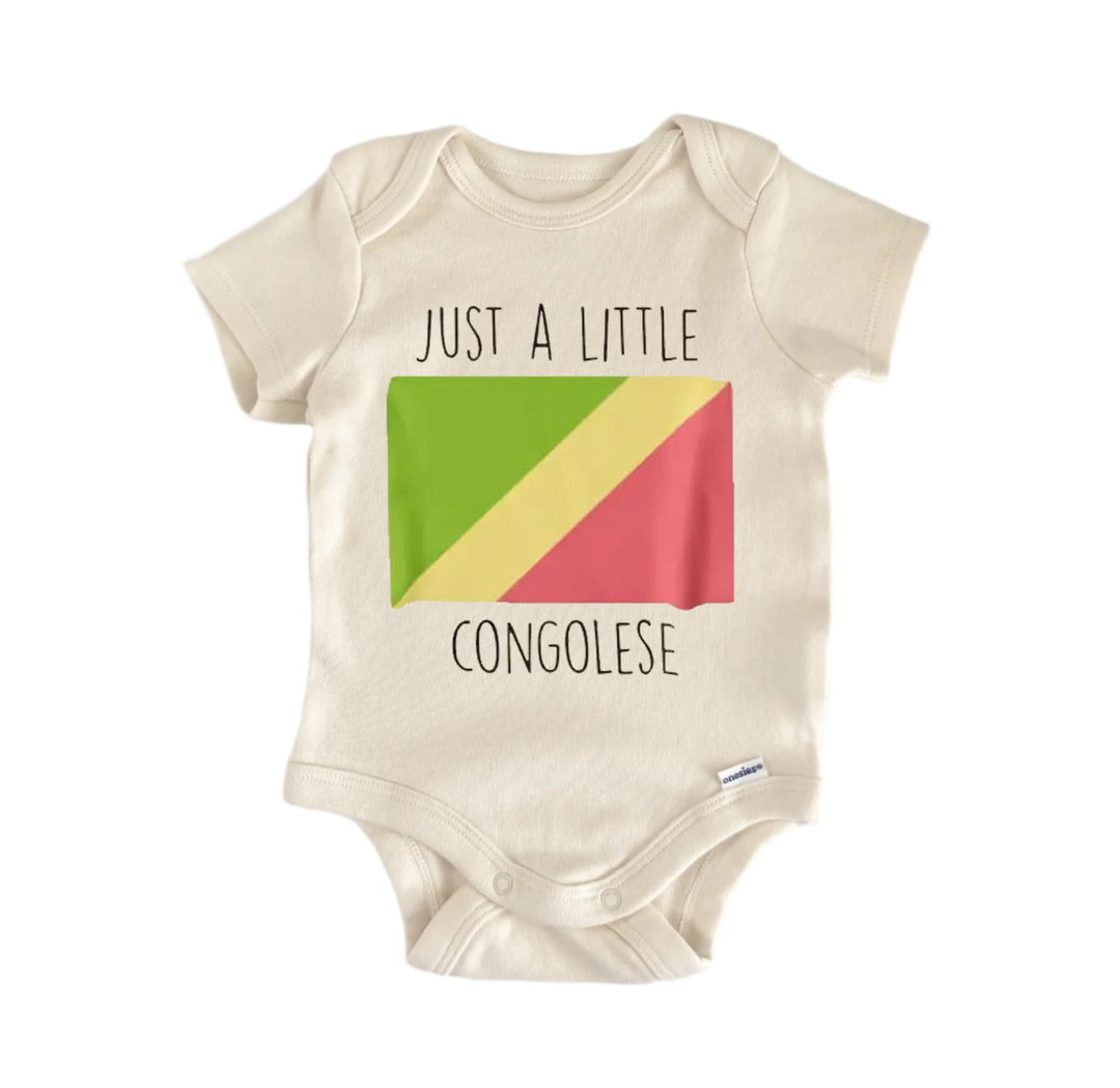 A baby onesie with a printed design on it, featuring a flag-like pattern with green, yellow, and pink colors. The text on the onesie says "Just a little Congoese".