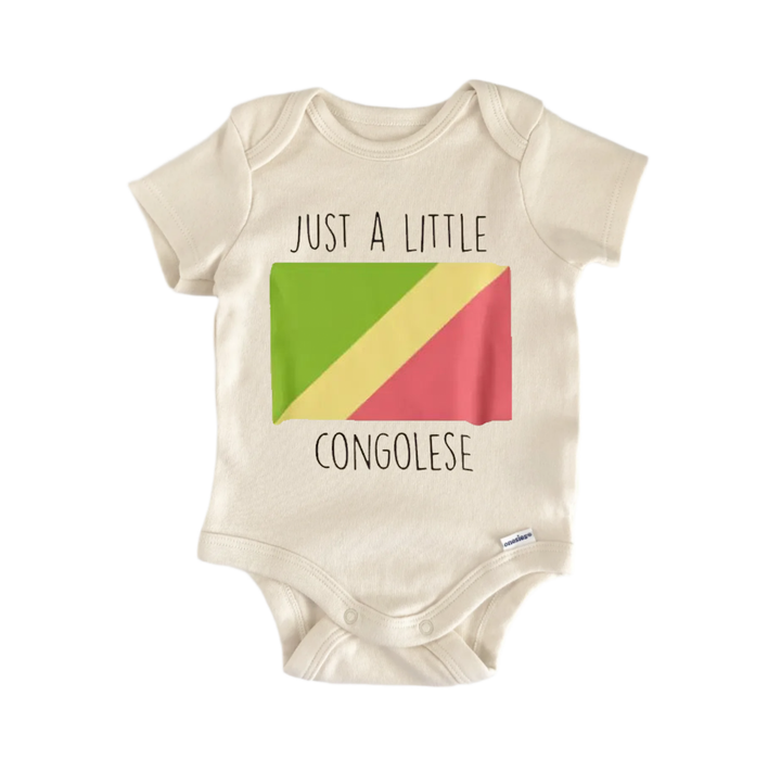 A baby onesie with a printed design on it, featuring a flag-like pattern with green, yellow, and pink colors. The text on the onesie says "Just a little Congoese".