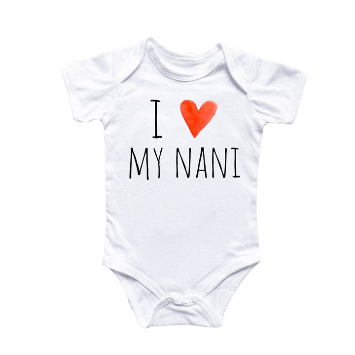 a white bodysuit with a red heart that says i love my nani