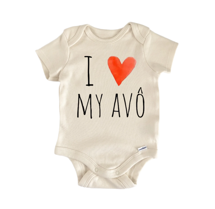 A beige baby onesie with the text "I ♥ MY AVO" printed on it, featuring a red heart symbol.