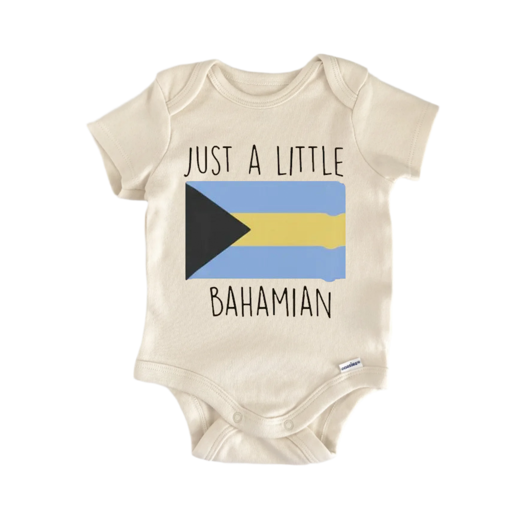 A baby onesie with the text "Just a little BAHAMIAN" printed on it, along with a small flag design.