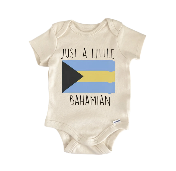 A baby onesie with the text "Just a little BAHAMIAN" printed on it, along with a small flag design.
