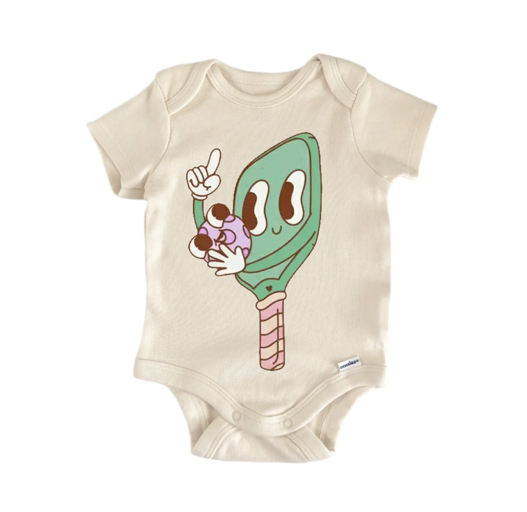 A baby onesie with a cartoon character design on it.