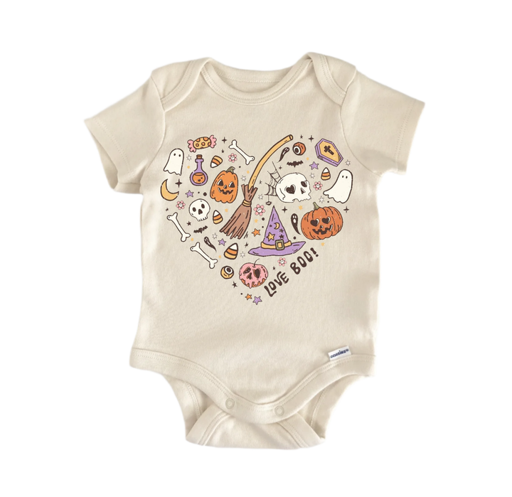 A beige baby onesie with a Halloween-themed design featuring various spooky and festive elements such as bats, skulls, pumpkins, and a witch's hat.