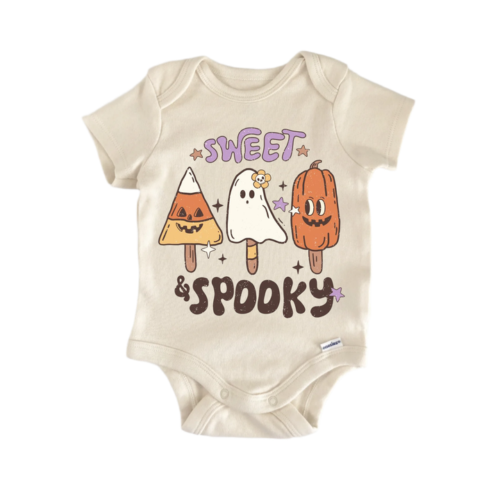 A baby onesie with a Halloween-themed design featuring a ghost, a pumpkin, and candy corn.