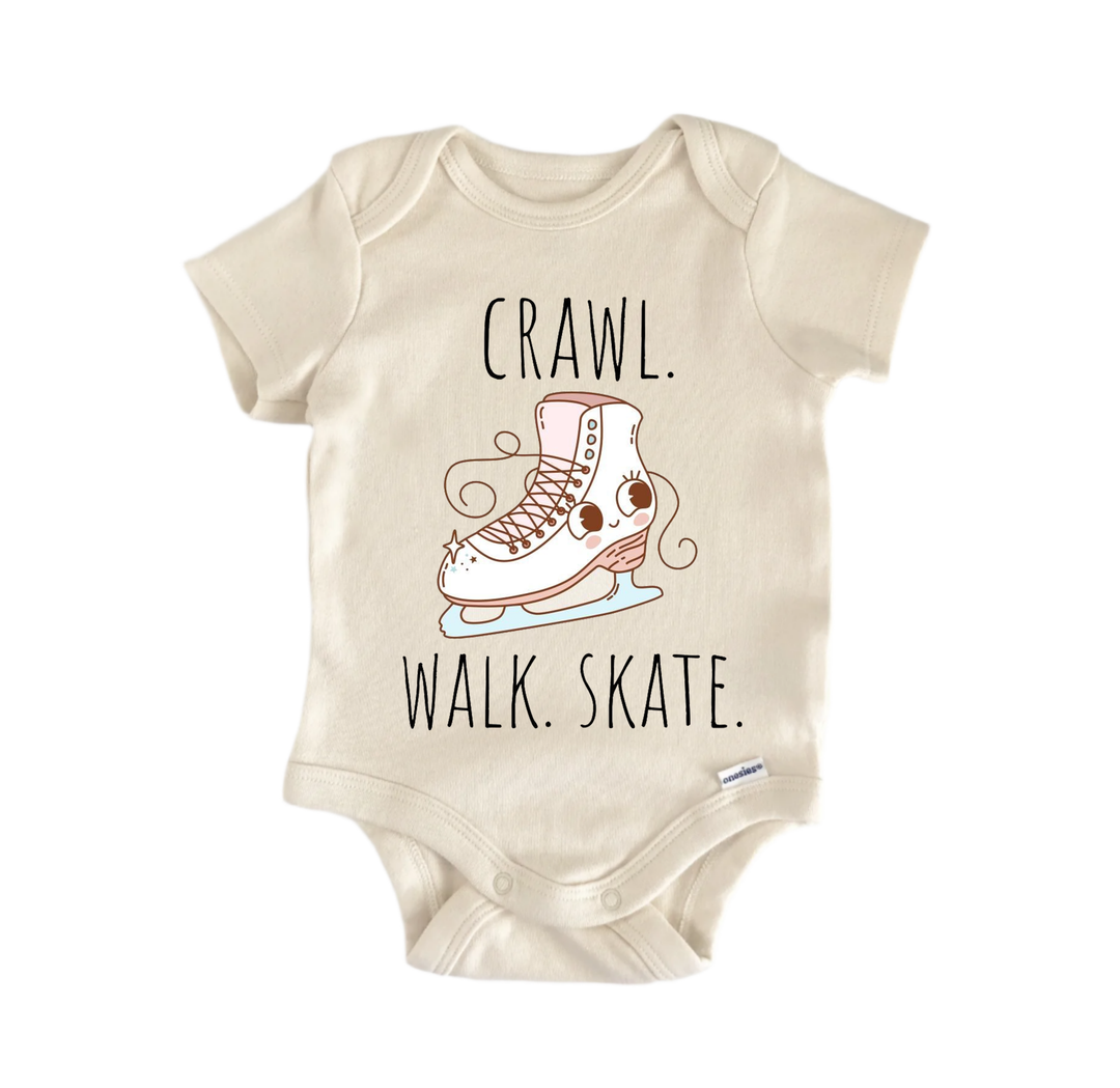 A beige baby onesie with a graphic of a white ice skate and the text "CRAWL. WALK. SKATE." printed on it.