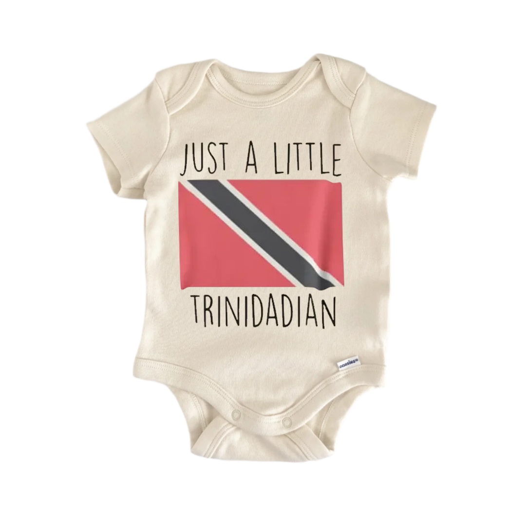 A baby onesie with the text "Just a little Trinidadian" printed on it, along with a graphic of the Trinidad and Tobago flag.