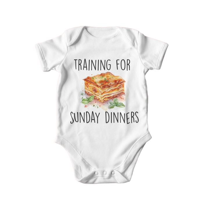 a baby bodysuit that says training for sunday dinners