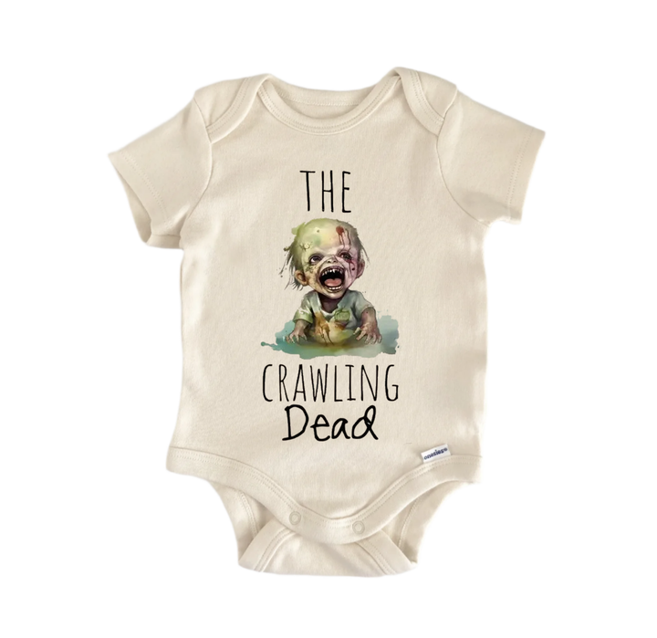 a baby onesie with a graphic of a zombie or zombie-like character and the text "THE CRAWLING DEAD" printed on it.