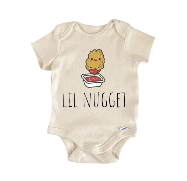 A beige baby onesie with a cartoon image of a fried chicken nugget and the text "LIL NUGGET" printed on it.