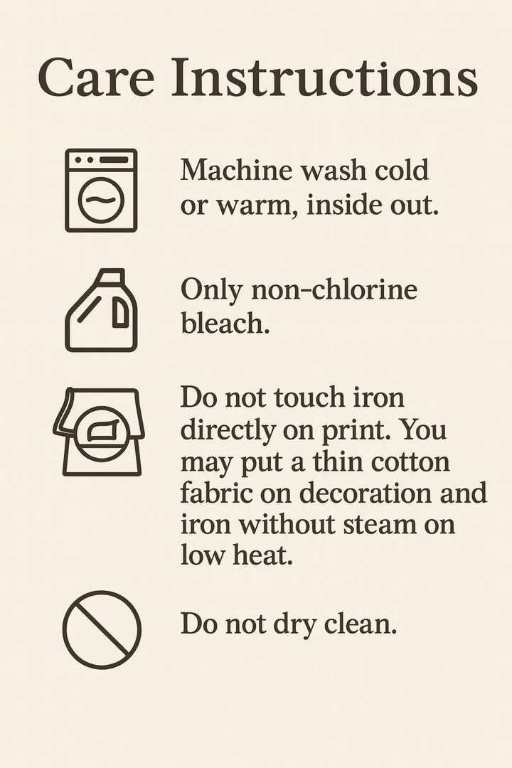 care instructions for washing clothes, including machine washing instructions, non-chlorine bleach usage, and ironing guidelines.