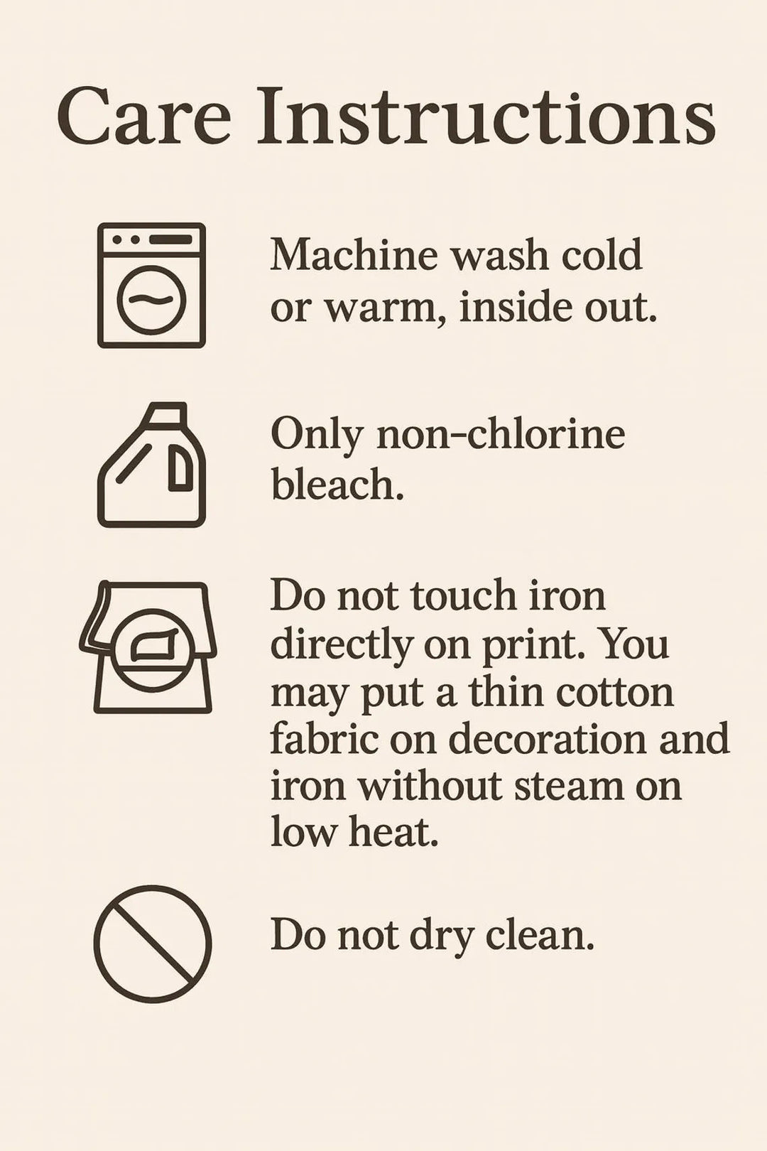 care instructions for washing clothes, including machine washing instructions, non-chlorine bleach usage, and ironing guidelines.