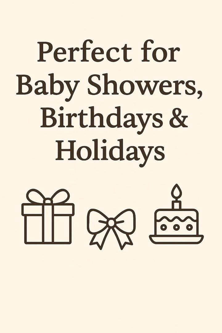 three simple icons representing a gift, a bow, and a cake, along with the text "Perfect for Baby Showers, Birthdays &amp; Holidays".