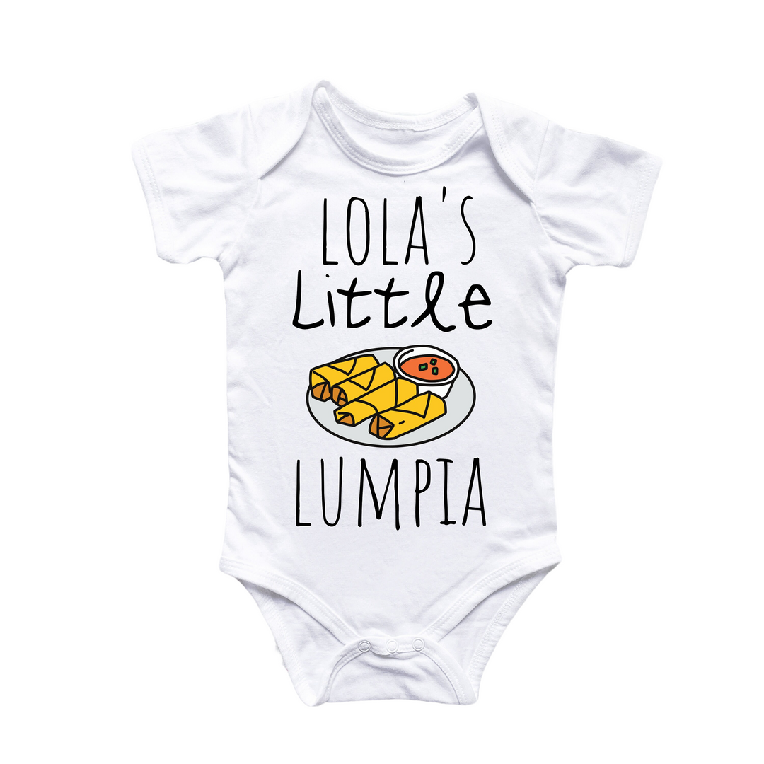 a white bodysuit with a picture of a piece of food on it