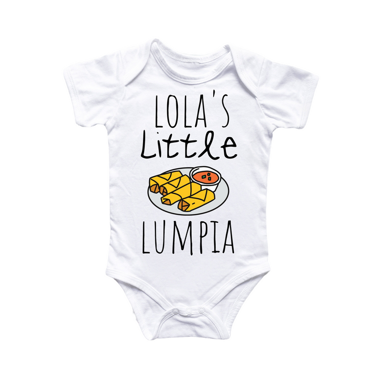 a white bodysuit with a picture of a piece of food on it