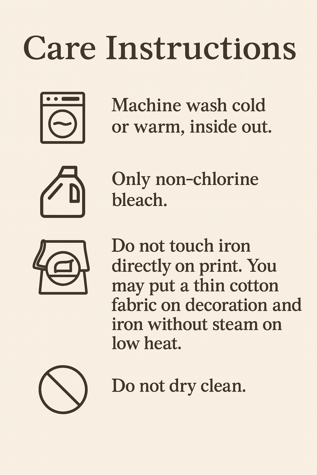 care instructions for washing clothes, including machine washing instructions, non-chlorine bleach usage, and ironing guidelines.