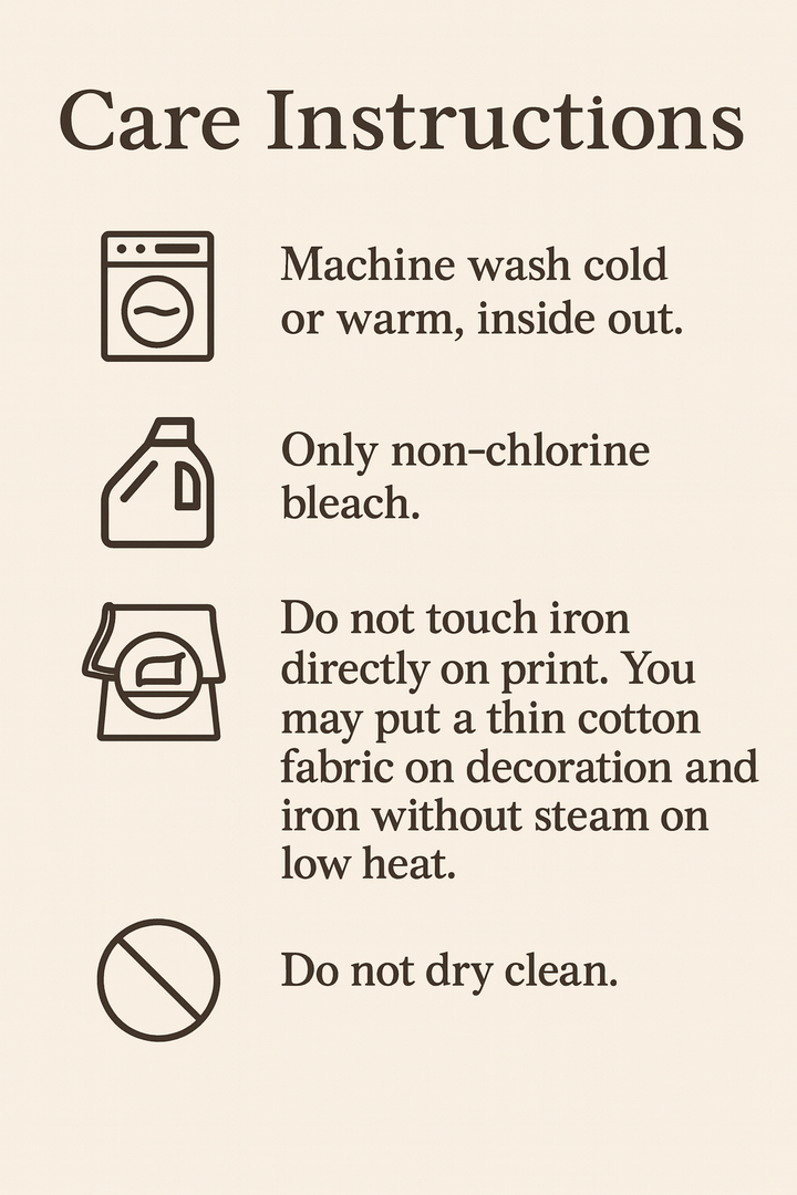 care instructions for washing clothes, including machine washing instructions, non-chlorine bleach usage, and ironing guidelines.