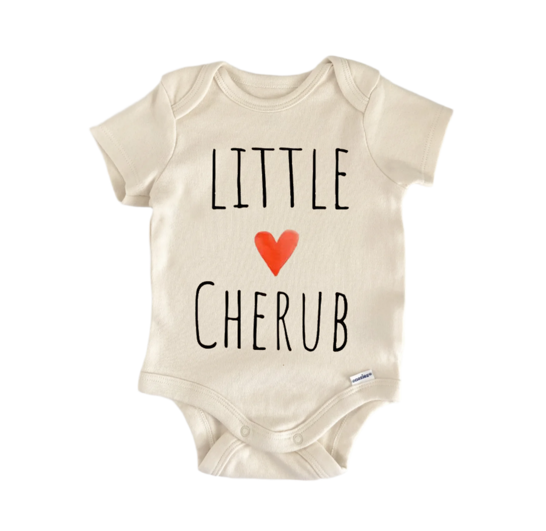 A beige baby onesie with the text "LITTLE CHERUB" printed on it, along with a red heart symbol.