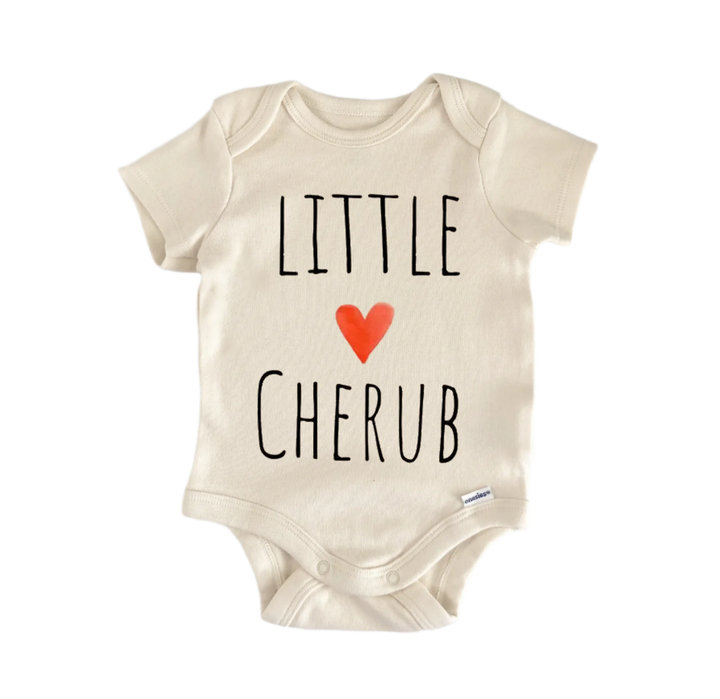 A beige baby onesie with the text "LITTLE CHERUB" printed on it, along with a red heart symbol.