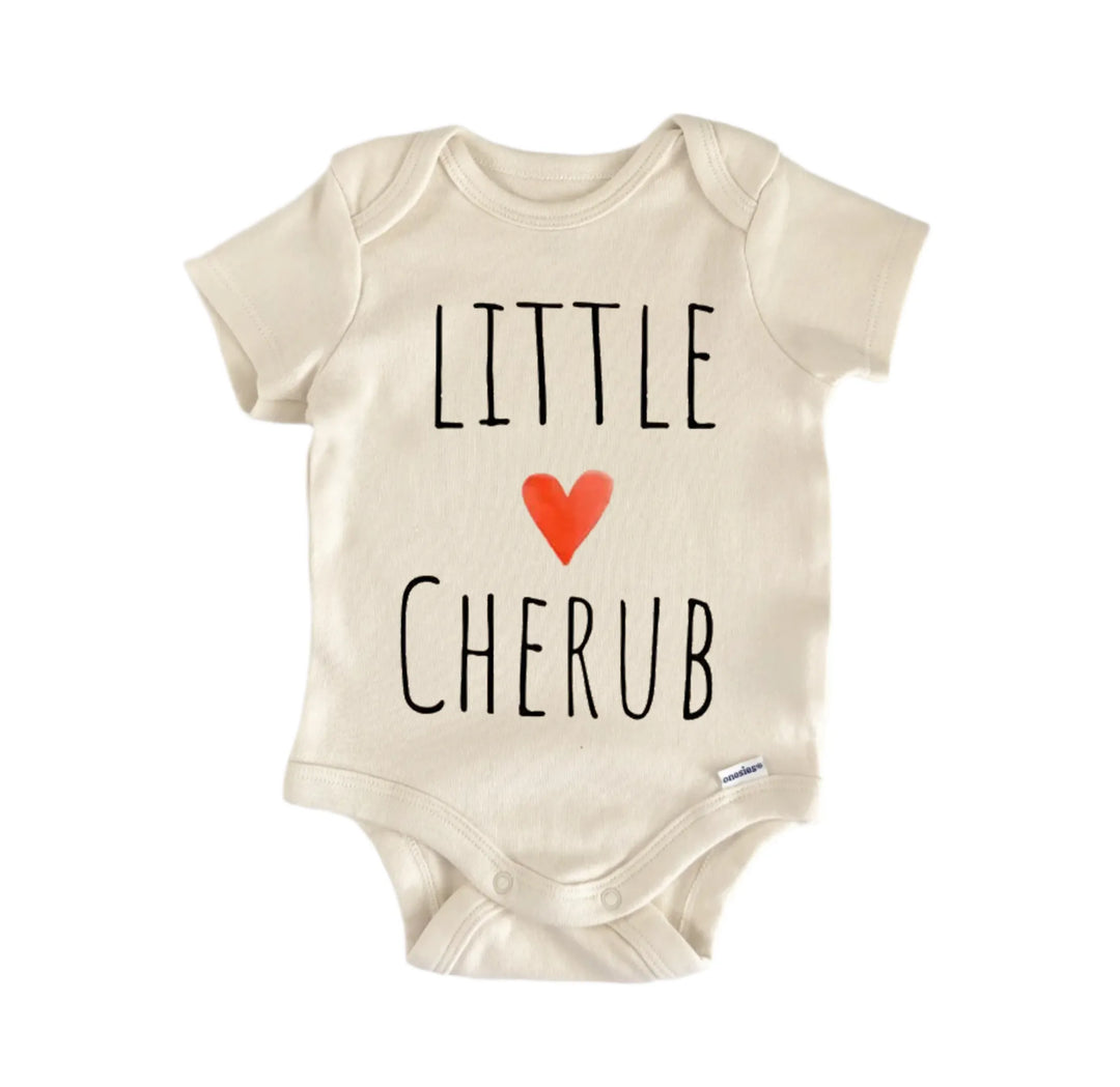 A beige baby onesie with the text "LITTLE CHERUB" printed on it, along with a red heart symbol.