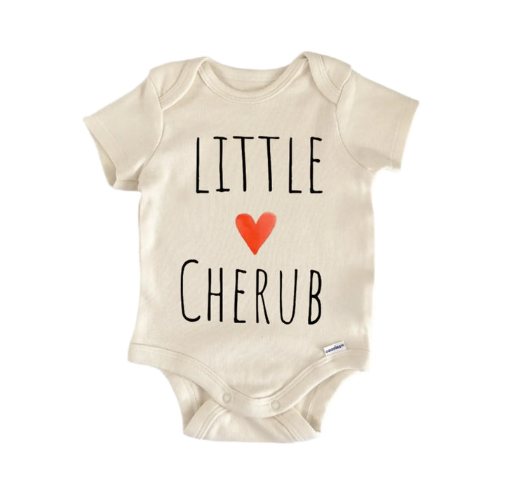 A beige baby onesie with the text "LITTLE CHERUB" printed on it, along with a red heart symbol.