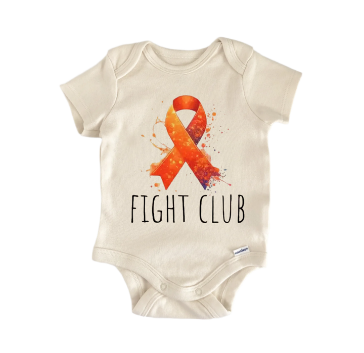 A beige baby onesie with a printed design of a red ribbon and the text "FIGHT CLUB" printed on it.