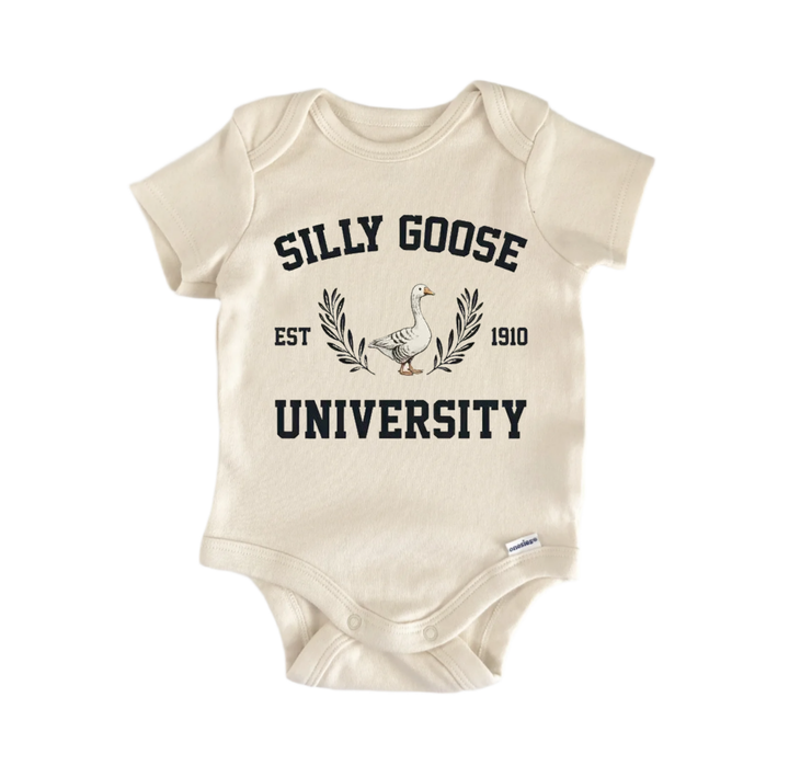 A beige baby onesie with the text "Silly Goose University" printed on it.