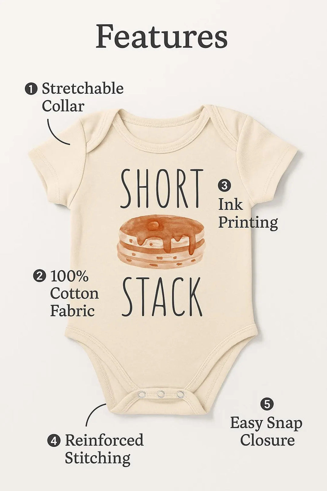 a baby onesie with a short neckline and a pancake design printed on it. The onesie has a stretchable collar, 100% cotton fabric, a reinforced stitching, and an easy snap closure.