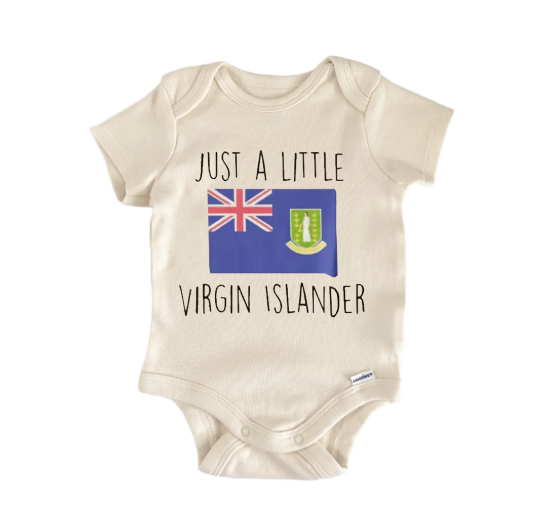 A beige baby onesie with the text "JUST A LITTLE VIRGIN ISLANDER" printed on it, along with a small flag of the Virgin Islands.