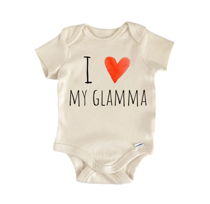 A beige baby onesie with the text "I ♥ MY GLAMMA" printed on it, along with a red heart symbol.